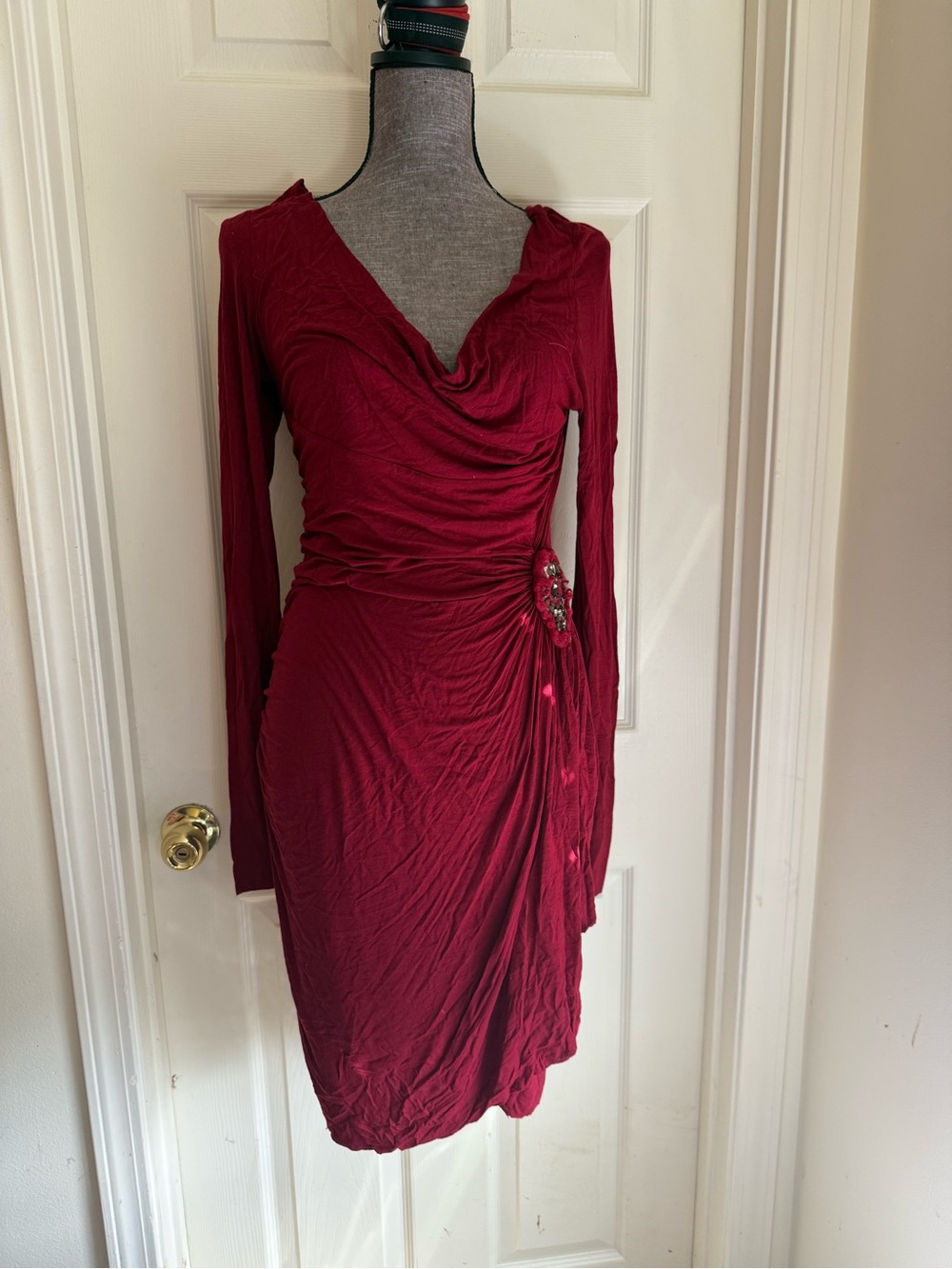 Bailey 44 Burgundy Long-Sleeve Draped Dress with Side Embellishment